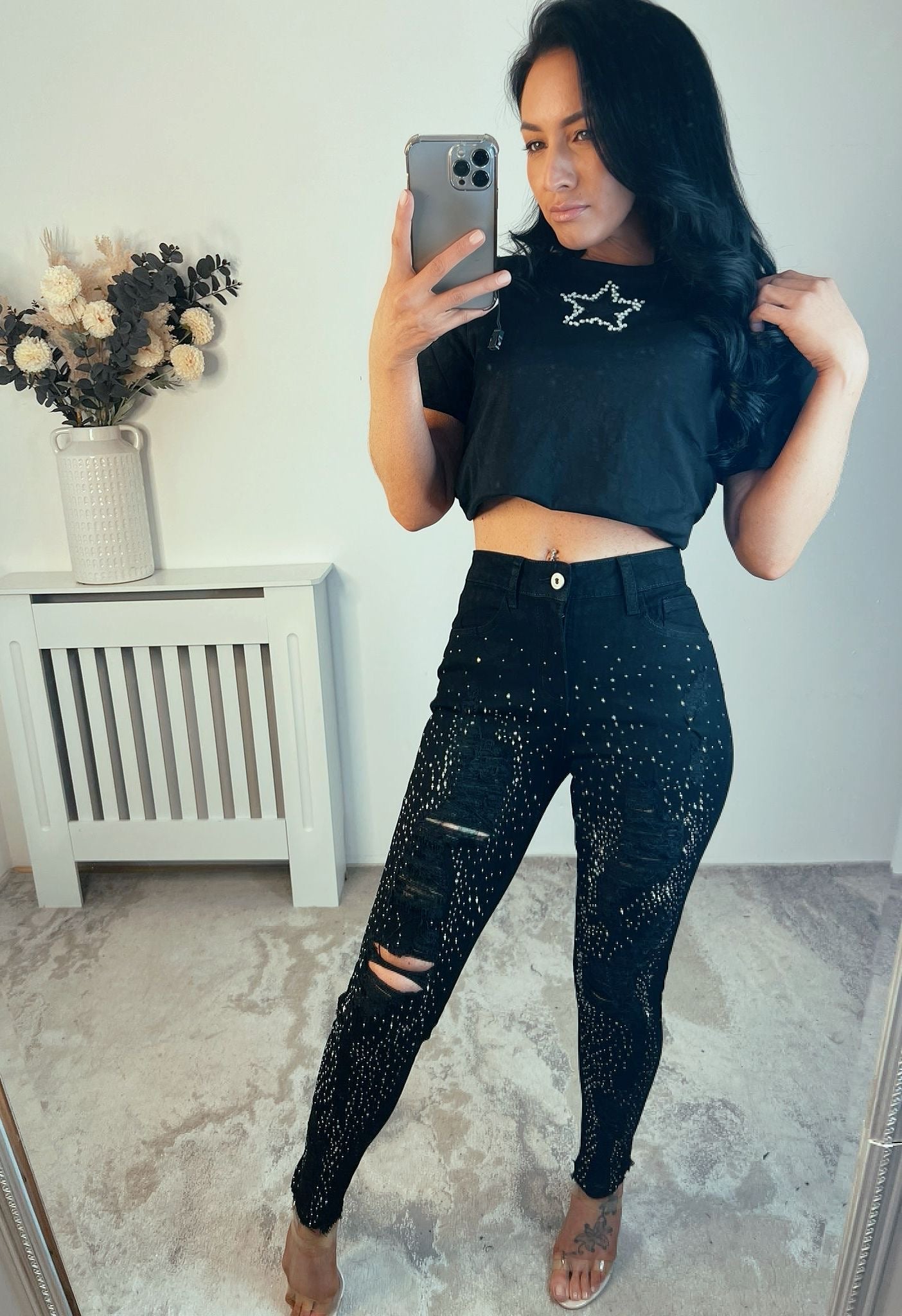 Black Distressed Sparkle Studded Jeans