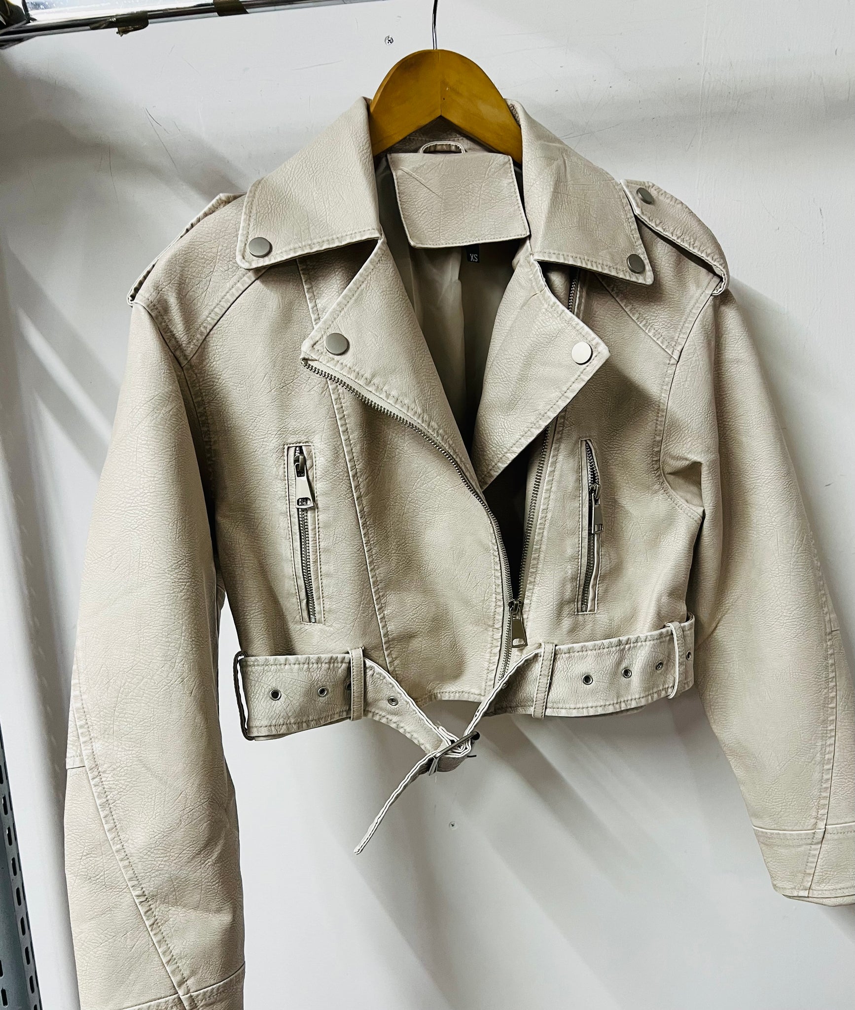 Beige Pu Zipper Belted Jacket