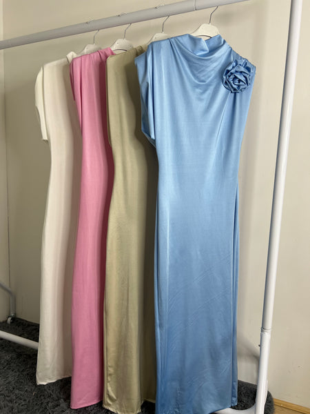 Bianca Satin Rose Brooch Maxi Dress