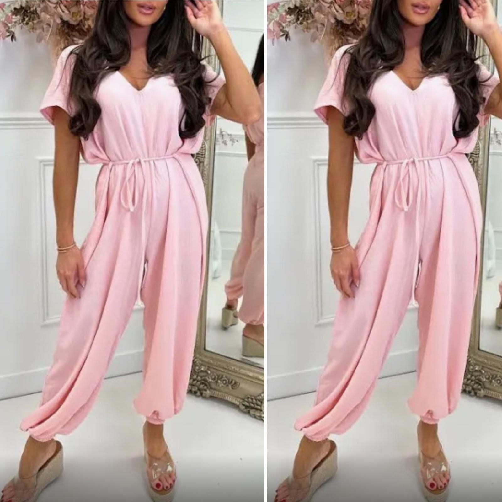 Baby pink parachute belted jumpsuit