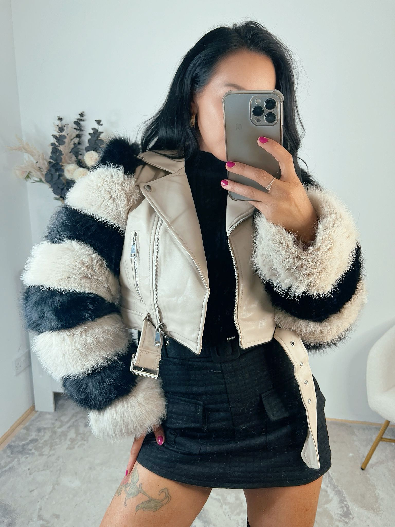 Celia Beige Black Faux Fur Jackets